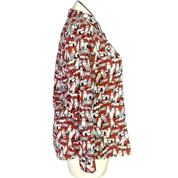 Ann Taylor Top Women L Multicolor Fox Print Half Button Tunic Roll Tab Sleeve - Picture 3 of 9